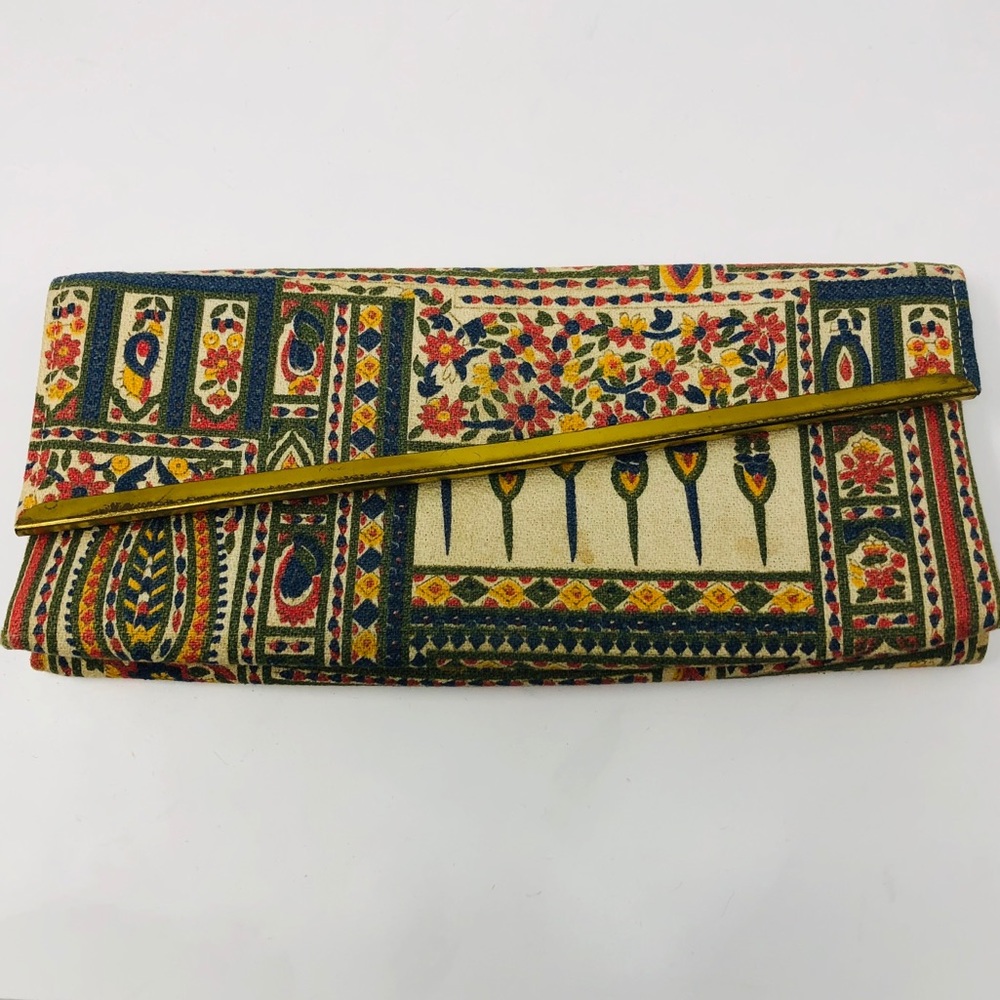 Vintage Boho Tapestry Clutch Floral Ethnic Print Gold Frame Snap Closure - Picture 2 of 6